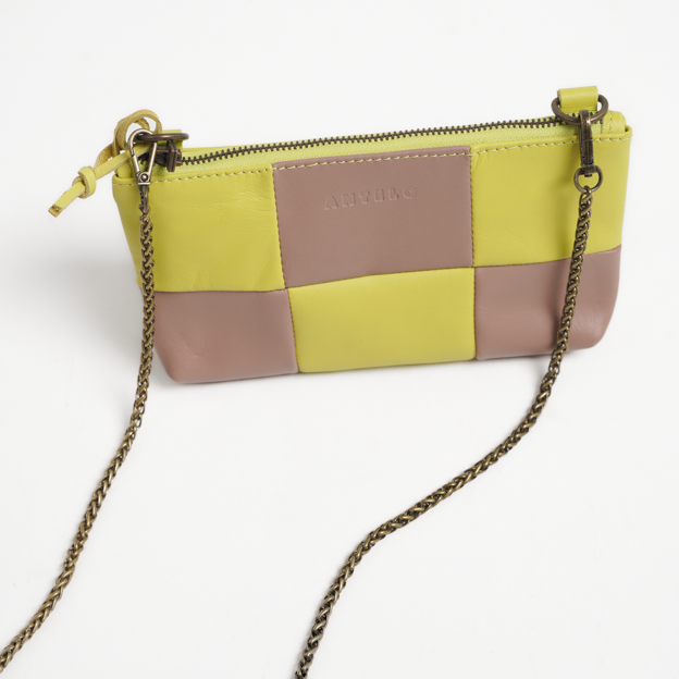 Antelo Anouk Checkered Leather Crossbody Clutch - Chartreuse & Sand