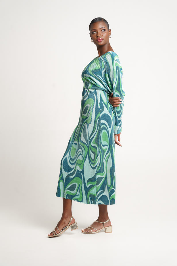 Angalia Pleated Green Dress With Batwing Sleeve The Space SA