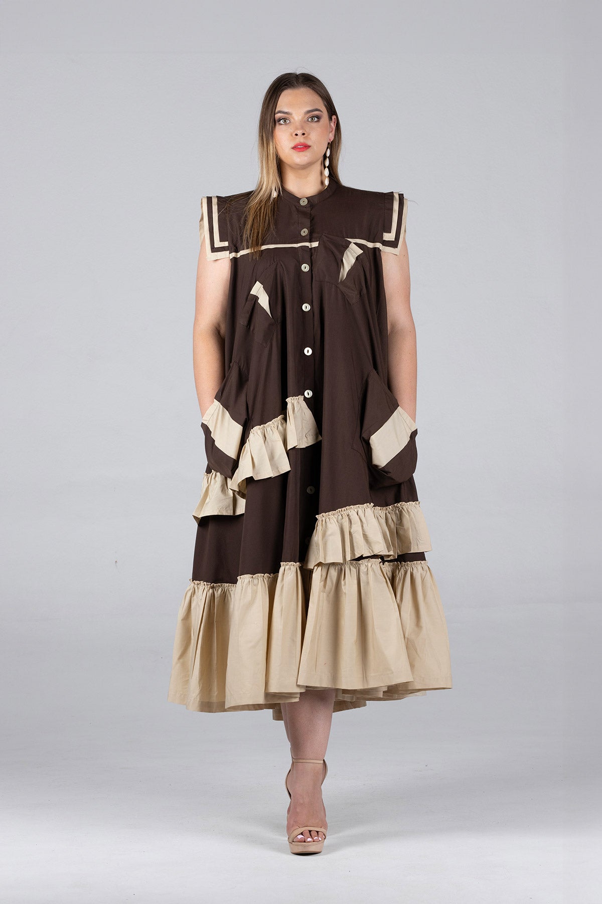 Frida Brown/Stone Maxi Frilled Naomi Dress – The Space SA