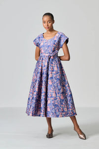Amanda Laird Cherry Zenzi Blue And Pink Floral Brocade Dress
