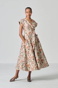 Amanda Laird Cherry Lajuma Blush and Stone Floral Brocade Dress