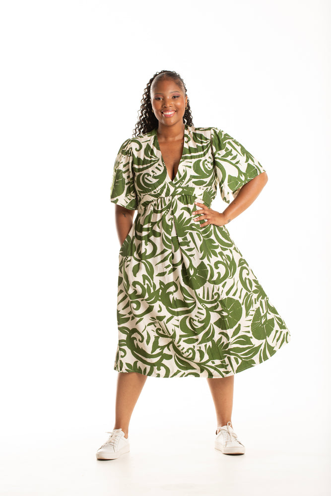 Colleen Eitzen Olive Print Rayon Crinkle Teri Dress