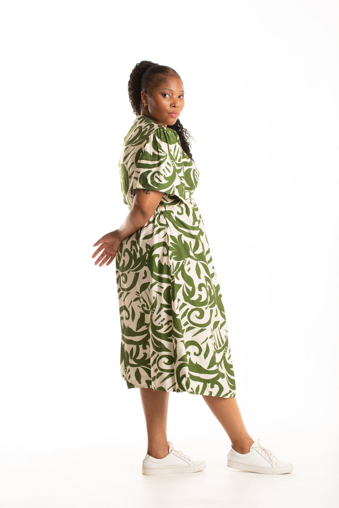 Colleen Eitzen Olive Print Rayon Crinkle Teri Dress