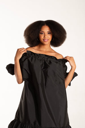 Colleen Eitzen Black Taffeta Off Shoulder Freya Dress