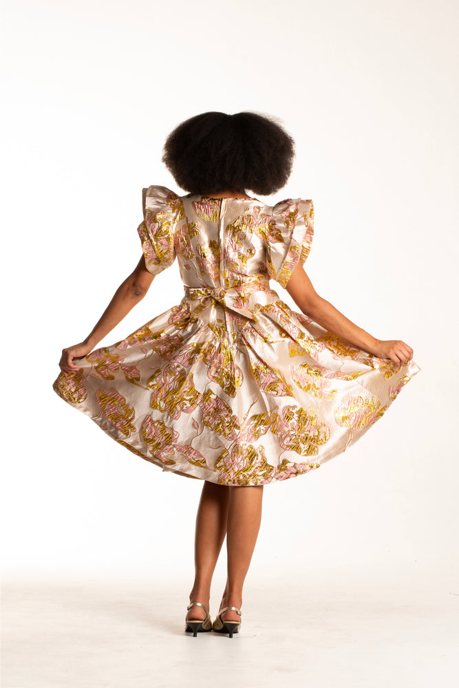 Frida Pink/Gold Brocade Vee Dress