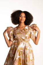 Frida Pink/Gold Brocade Vee Dress