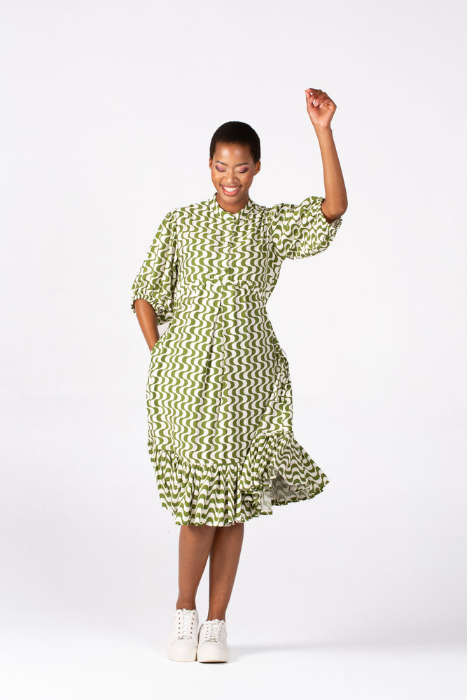 Colleen Eitzen Chartreuse/Cream Wave Print Tori Dress
