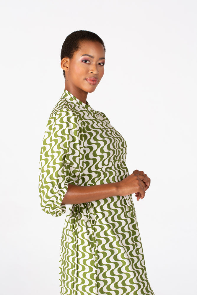 Colleen Eitzen Chartreuse/Cream Wave Print Tori Dress