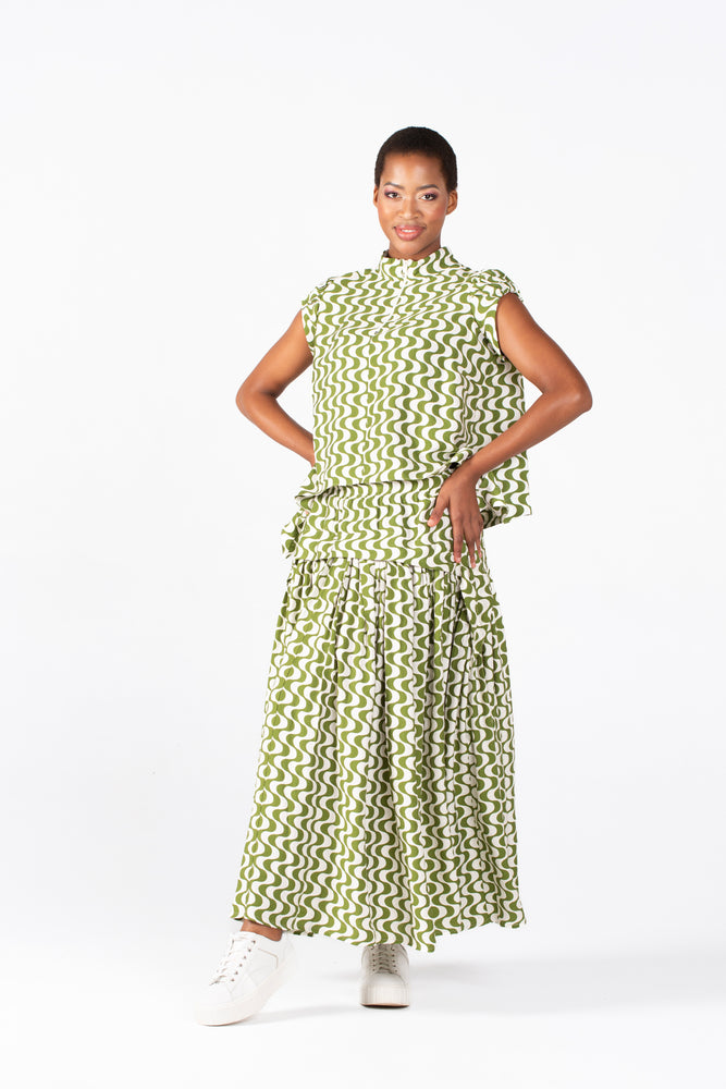 Colleen Chartreuse/Cream Print Cat Skirt
