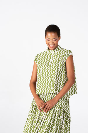 Colleen Eitzen Chartreuse/Cream Print Cat Top