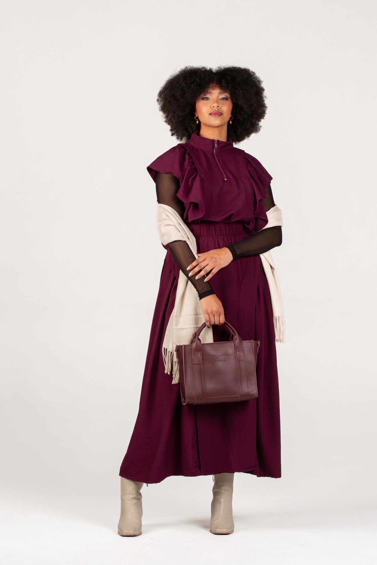 Burgundy dress with ruffled top and matching handbag - Shop online at The Space