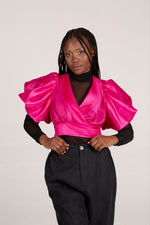 Frida Cerise Pink Bubble Sleeved  Crossover Top