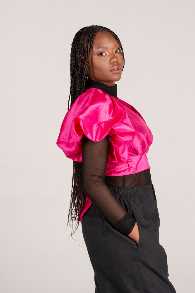 Frida Cerise Pink Bubble Sleeved  Crossover Top