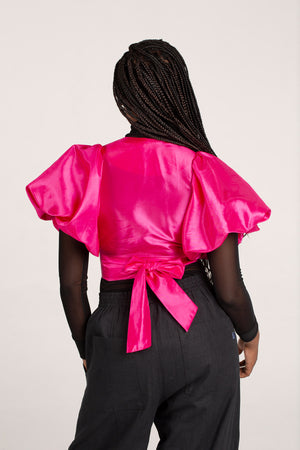 Frida Cerise Pink Bubble Sleeved  Crossover Top