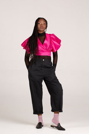 Frida Cerise Pink Bubble Sleeved  Crossover Top