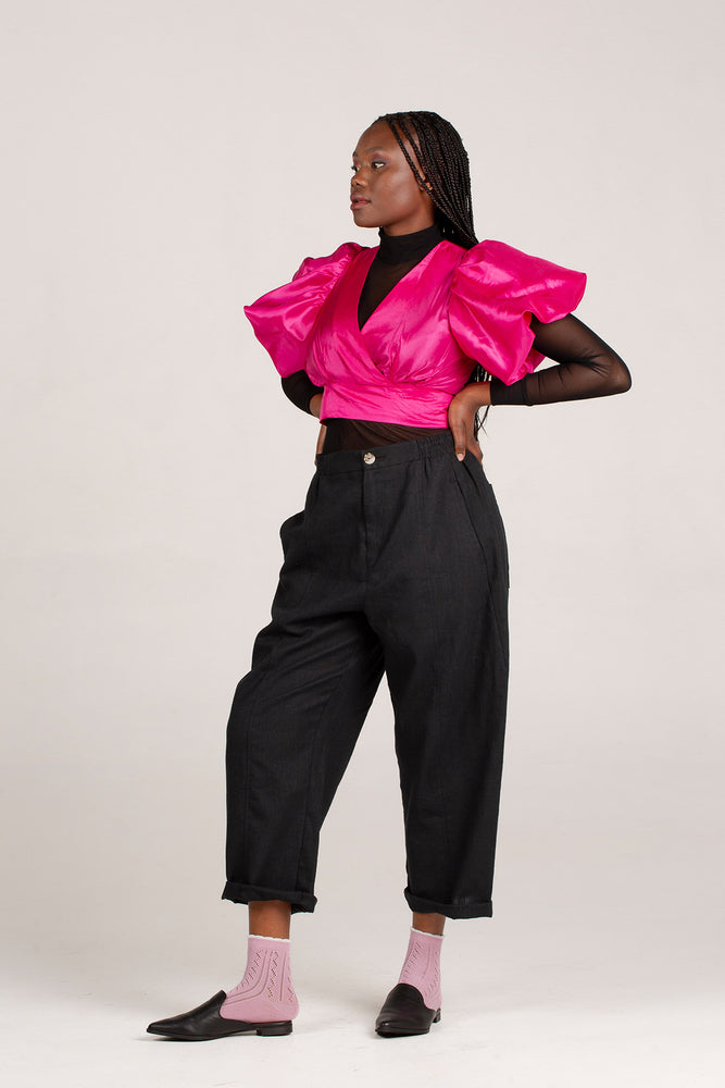 Frida Cerise Pink Bubble Sleeved  Crossover Top