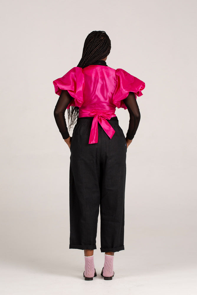 Frida Cerise Pink Bubble Sleeved  Crossover Top
