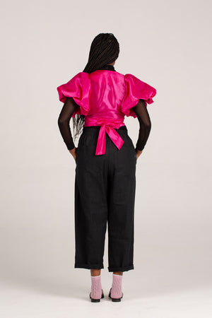 Frida Cerise Pink Bubble Sleeved  Crossover Top