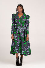 Frida Navy/Green Long Sleeved Midi Shirt Dress
