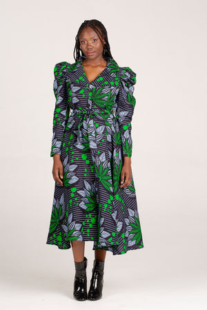 Frida Navy/Green Long Sleeved Midi Shirt Dress
