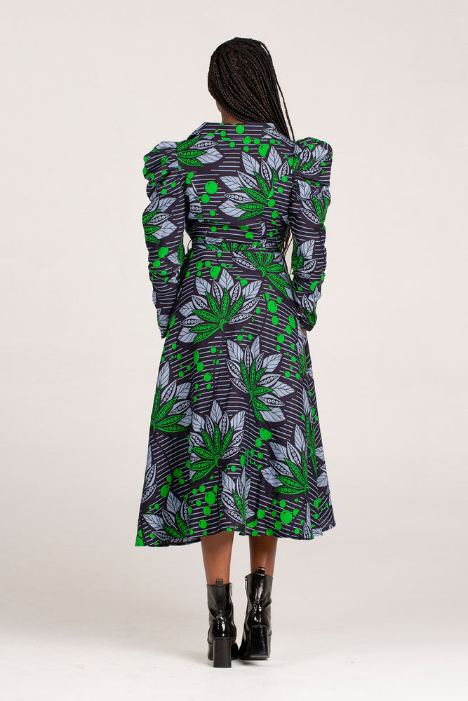 Frida Navy/Green Long Sleeved Midi Shirt Dress