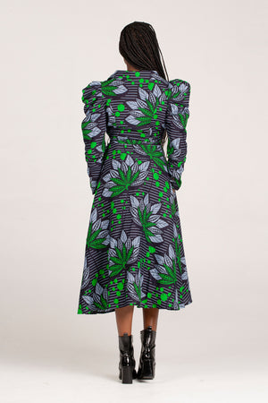 Frida Navy/Green Long Sleeved Midi Shirt Dress