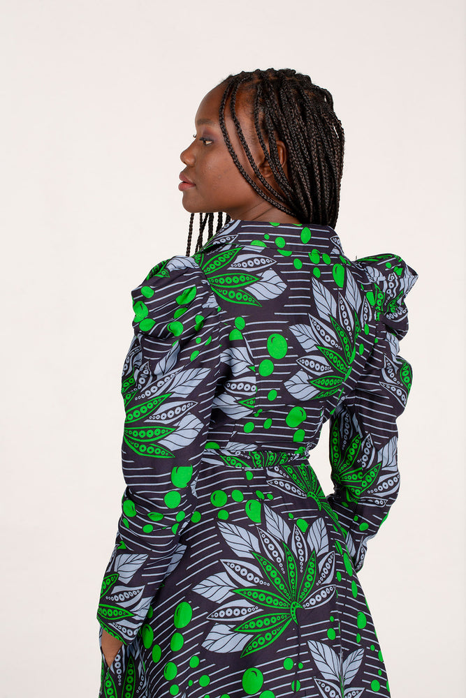 Frida Navy/Green Long Sleeved Midi Shirt Dress
