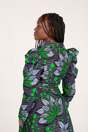 Frida Navy/Green Long Sleeved Midi Shirt Dress