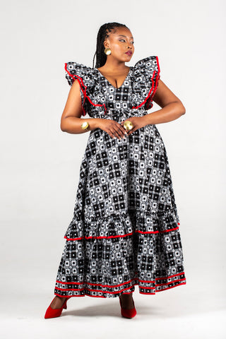Frida Black/White/Red Maxi Contrasted Dress