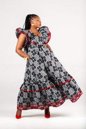 Frida Black/White/Red Maxi Contrasted Dress