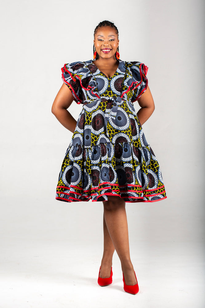 Frida Multicolor/Red Contrasted Lea Midi Dress