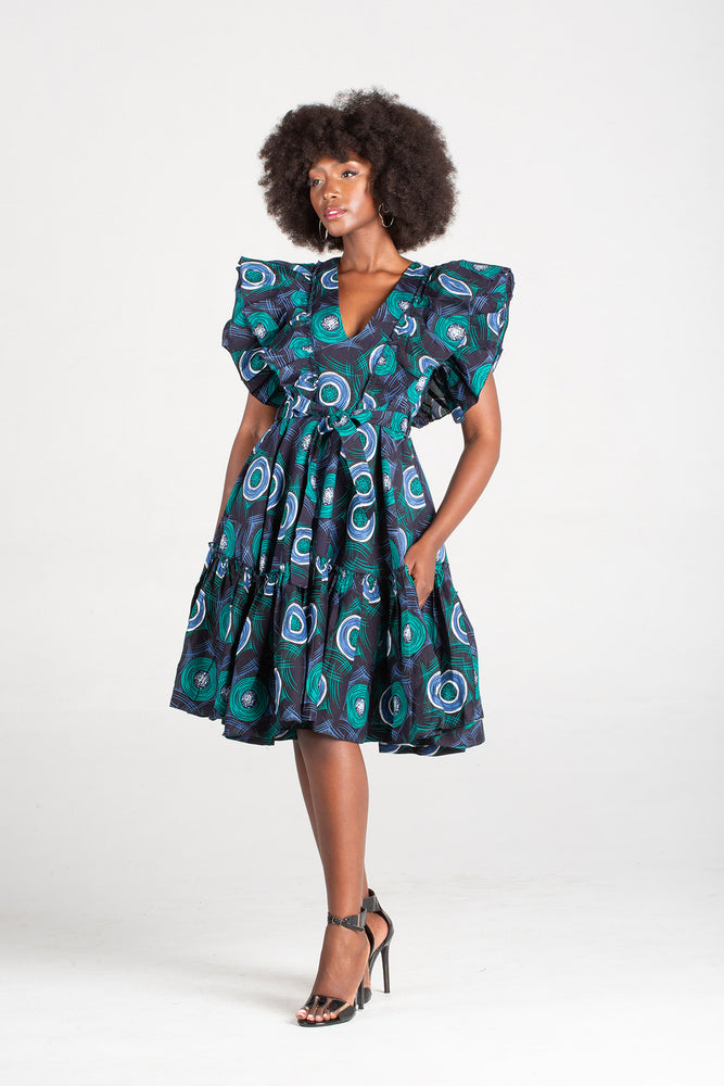Frida Navy/Tiffany Midi Lea Dress