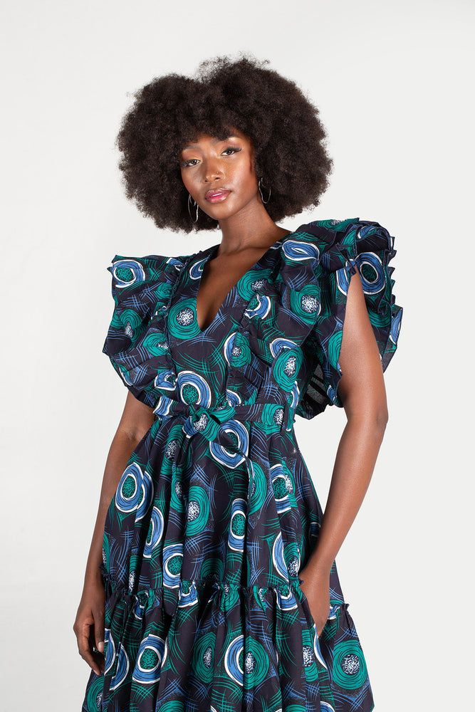 Frida Navy/Tiffany Midi Lea Dress