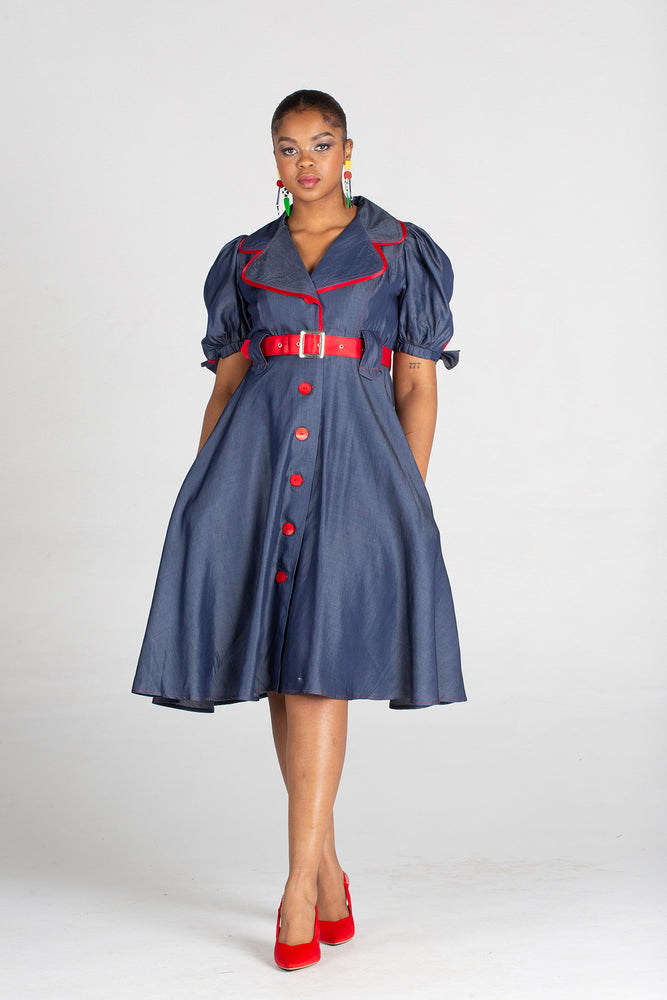Frida Navy/Red Tencil Denim Dress