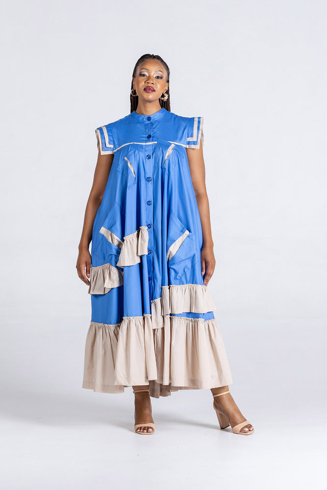 Frida Blue/Stone Maxi Frilled Naomi Dress