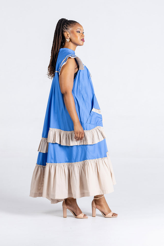 Frida Blue/Stone Maxi Frilled Naomi Dress