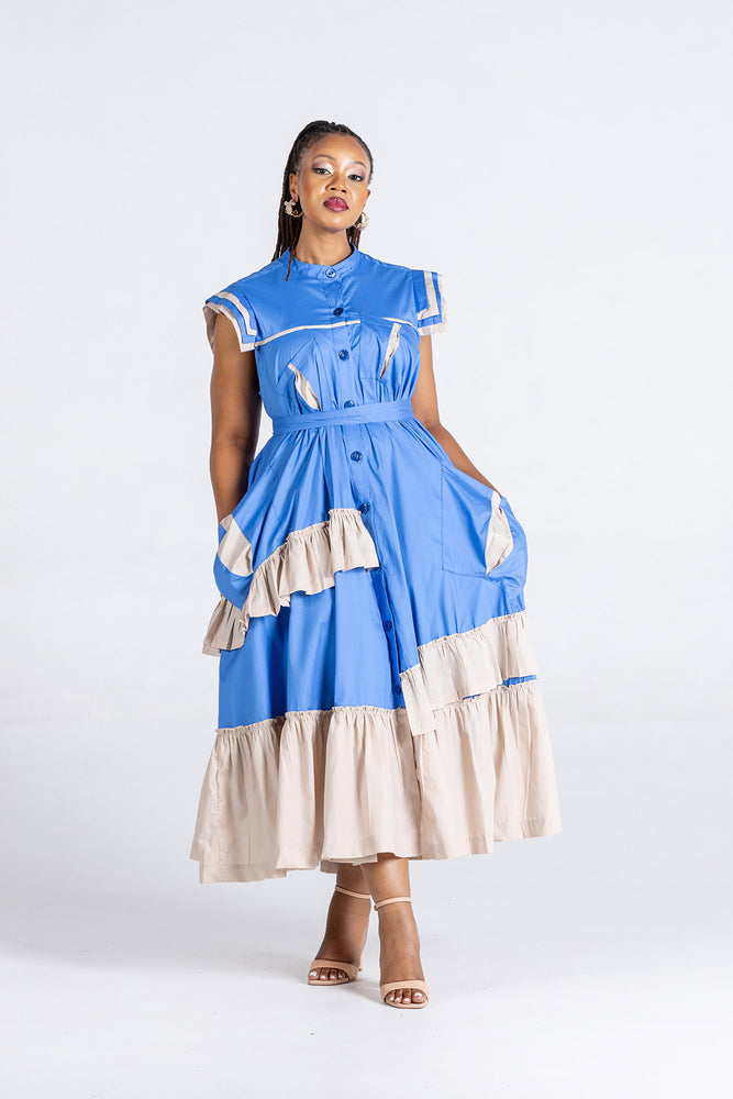 Frida Blue/Stone Maxi Frilled Naomi Dress