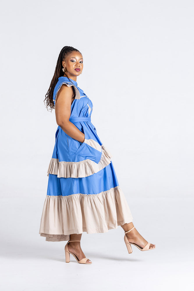 Frida Blue/Stone Maxi Frilled Naomi Dress