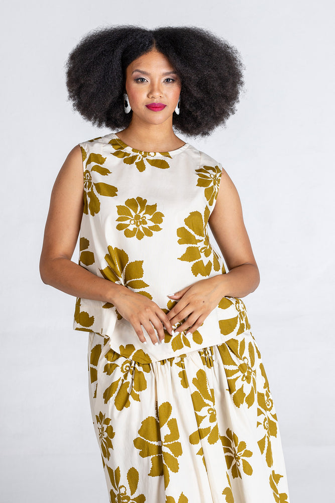 Colleen Eitzen Khaki Floral Cotton Como Top