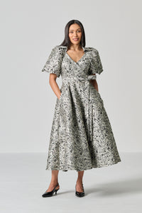 Amanda Laird Cherry Essenwood Dark Champagne Leaf Brocade Dress
