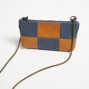 Antelo Anouk Checkered Leather Crossbody Clutch - Orion Blue & Pebble Honey