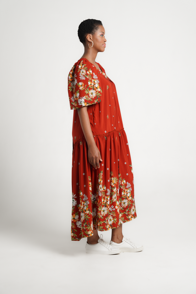 Frida Rust Floral Maxi Back Tie Dress