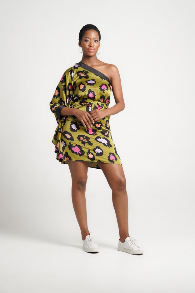 Frida Lime/Black One Arm Kaftan Dress