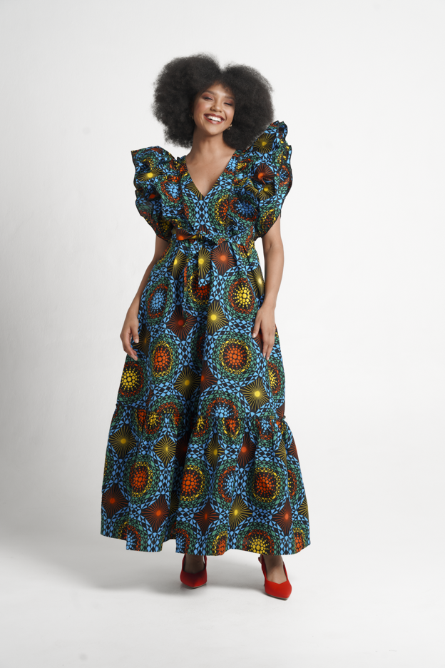 Frida Blue Multicolor Maxi Lea Dress