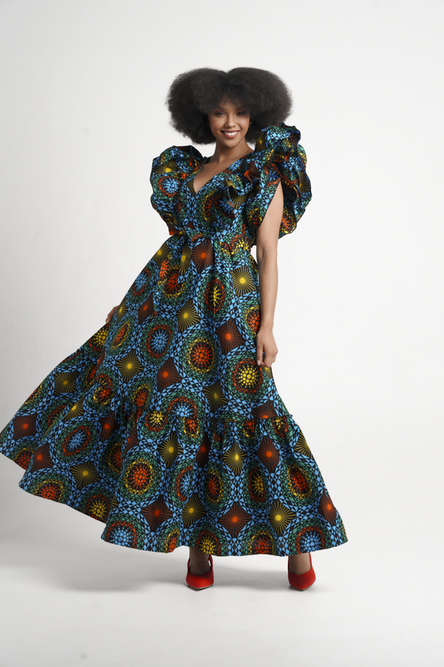 Frida Blue Multicolor Maxi Lea Dress