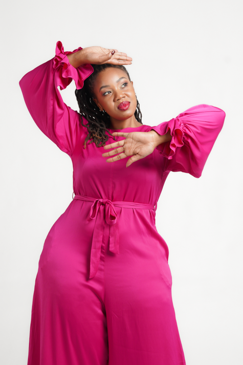 Frida Cerise Frilled Long Sleeved Jumpsuit