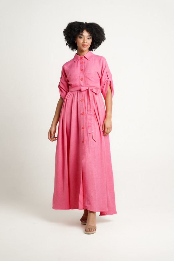 Frida Pink Maxi Kimono  Shirt Dress