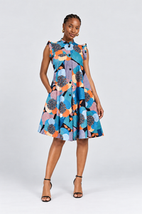 Frida Blue/Orange Ankara Yves Dress